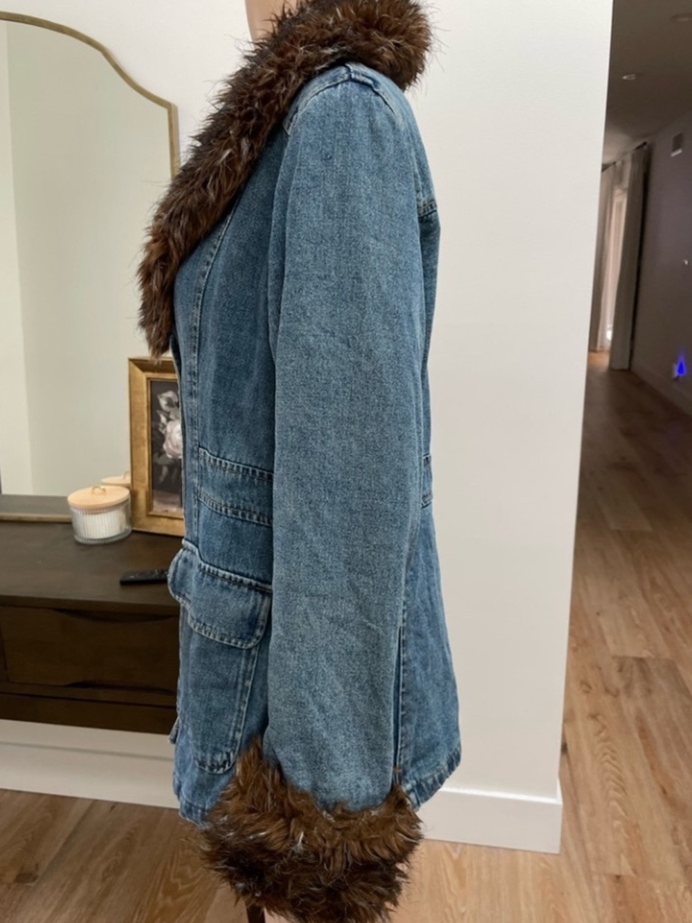Vtg GIACCA Penny Lane Y2K Faux Fur Denim Coat Jacket Old Money Mobwife XL - Picture 3 of 7